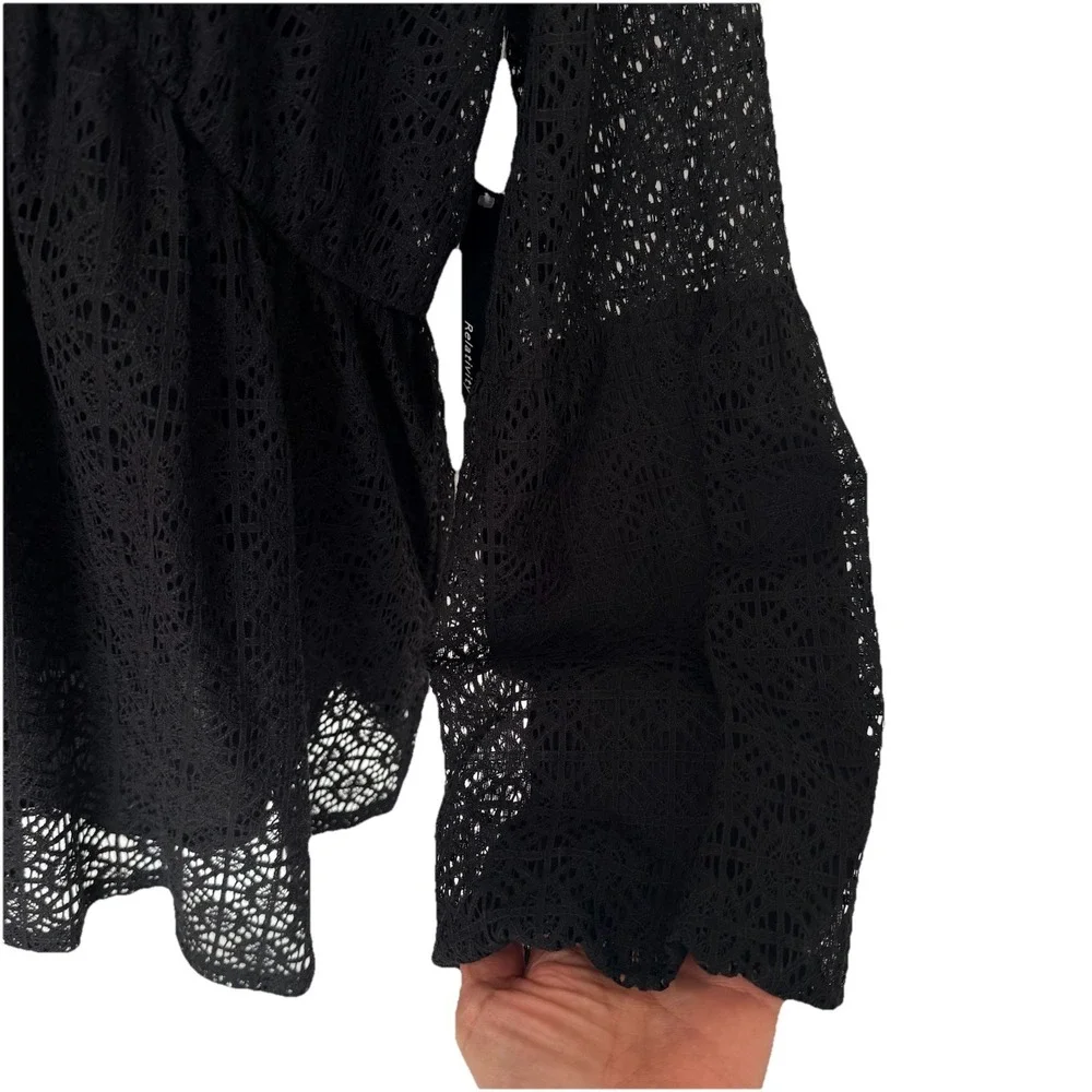 NWT Crochet Lace Blouse 1X Black Sheer Boho Festival Bell Sleeve Top Stretch - Picture 4 of 13